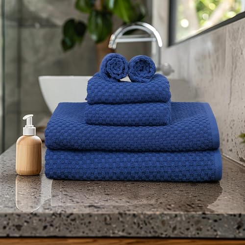COTTON CRAFT Euro Spa Waffle Weave 6 Piece Towel Set - 100% Cotton - Blue | 2 Oversized Luxurious Large Bath Towels, 2 Hand Towels, 2 Washcloths - Soft Plush Super Absorbent Low Lint Quick Dry - color: Blue, size: 6 Piece Towel Set