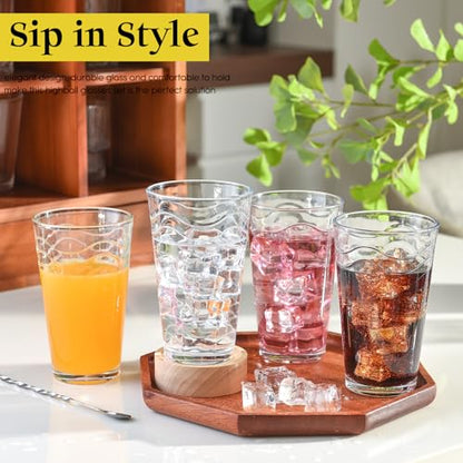 ALINK 16 oz Vintage Drinking Glasses, Set of 6 Wave Line Highball Glass Cups Bar Glasses, Clear Heavy Base Stemmed Water Glasses for Beer, Iced Coffee, Cocktail, Wine, Iced Tea, Dishwasher Safe - style: Wave Design