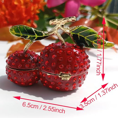 Enamel Cherry Blossom Jewelry Box with Diamond Accents Metal Crafted Trinket Container Tabletop Statue Perfect for Home Decor & Unique item for Chrismas Day Birtday Gift