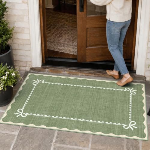 3X5 Small Green Scallope Entryway Rug, Neutral Farmhouse Front Door Mat, Washable Non Slip Thin Low Pile Floor Mat for Indoor Outdoor Kitchen Bathroom Porch - color: Green, size: 3' x 5' (Rectangular)