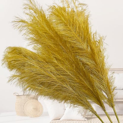 RyddeligHome Gold Pampas Grass Decor, 3 Stems x 115cm/45in | Faux Pampas Grass Tall Large Fluffy, Gold Feathers Floral Picks, Living Room Holiday Decor, Home Accent Decor