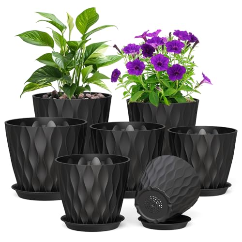 Meowell 7/6.5/6/5.5/5/4.5/4 inch Plant Pots for Indoor Outdoor Plants, 7 Pack Thick Flower Pots with Drainage Holes and Saucers, Modern Wave Texture Plastic Planter Pots for Nursery, Succulent, Black - color: Black, size: 7+6.5+6+5.5+5+4.5+4 inch 7 set