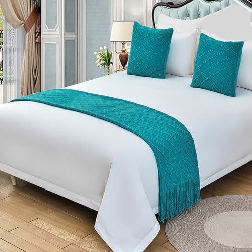 Cotton Knit Bed Runner,knitted Throw Blanket With Tassel,decorative Bedding Scarf Cover,solid Color Woven Sofa Throw Bed Runner For Hotel Home Double Single King Size Bed(King 26x102inch, Blue) - color: Blue, size: King 26x102inch