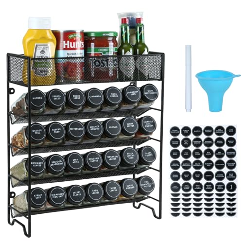 Skiileor Spice Rack Organizer with 28 Spice Jars, Black Lids, Spice Labels | Chalk pen and Funnel Set for Cabinet, Countertop, Pantry, Cupboard or Wall Mount - color: Black