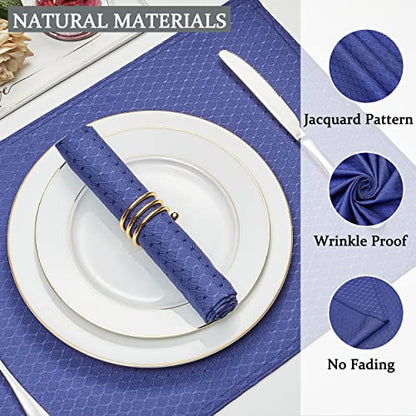 Navy Blue Jacquard 17x17 Square Polyester Cloth Napkins Set of 8 | Waterproof, Stain Resistant, Shrink Proof, Washable, fabric, Outdoor, Dining, Wedding, Kitchen, Party, Banquet, Reusable - color: Navy Blue
