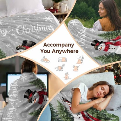 Snowman Merry Christmas Throw Blanket, Gray Winter Super Soft Warm Flannel Blankets for Bed Couch Sofa Socks Presents Xmas Tree Lightweight Fluffy Plush Bed Throws 40x50 Inch - color: Green Gray Red, size: 40''x50''