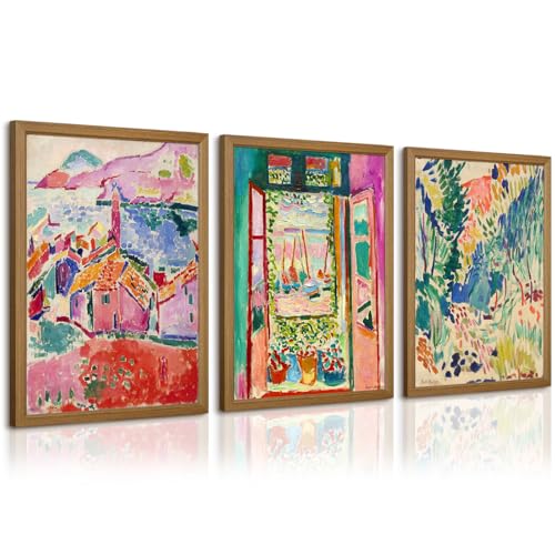 Henri Matisse Wall Art Prints Aesthetic Canvas Matisse Wall Decor Painting Colorful Matisse Wall Art Poster Boho Abstract Matisse Picture Artwork for Bedroom Living Room 12x16 Inch Framed Set of 3 - color: Henri Matisse Prints, size: 16"L x 12"W, style: F
