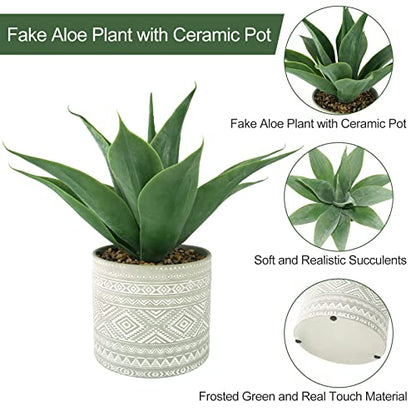 Artificial Potted Plants, 13.8" Artificial Succulent Fake Aloe, Large Faux Aloe Plant in Pot for Home Office Room Bedroom Kitchen Garden Decor (Grey)