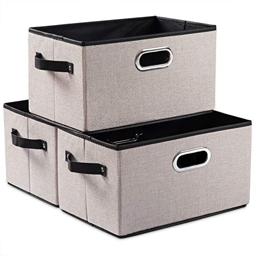 Large Fodable Storage Bins for Closet [3-pack] Decorative Linen Fabric Storage Bins Cubes with Leather/Metal Handles for Shelves Bedroom Living Room Light Grey (14.9x9.8x8.3 Inch) - color: Light Grey, size: Large(3-Pack)