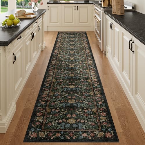 DUKINO 2x10 Runner Rug, Washable Vintage Floral Kitchen Rug, Black | Non Slip, Low Pile, Non-Shedding, Stain Resistant Soft Long Runner Carpet for Hallway, Bathroom, Bedroom, Entryway, Farmhouse - color: Black, size: 2' x 10' (Rectangular)