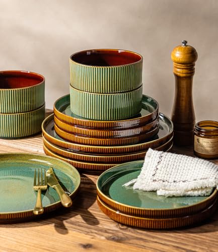 GBHOME Stoneware Dinnerware Sets for 4, 12 Pieces Plates and Bowls Set | Lightweight Ceramic Ribbed Dishes,Reactive Glaze Stackable Plate Set,Scratch Resistant,Microwave Dishwasher Safe,Maroon Olive - color: Maroon Olive