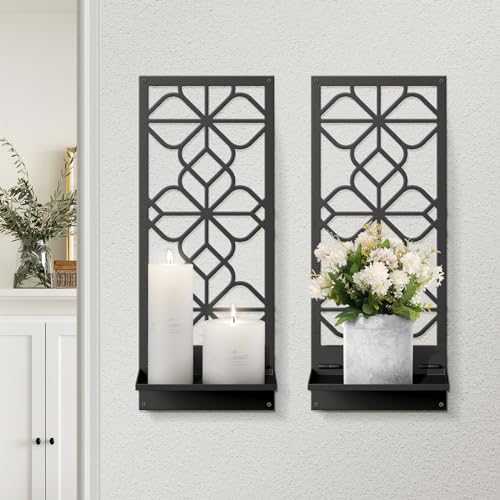 Black Wall Candle Holder Set of 2, Farmhouse Bathroom Metal Wall Decor | 3D Wall Candle Sconces, Rustic Vintage Wall Art for Bedroom, Living Room (16.5 x 7 in) - color: Black