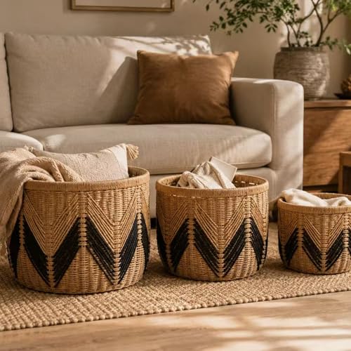 Set of 3 Woven Storage Baskets Decorative Nested Organizer Bins for Blankets Toys Towels and Home Organization Set for Living Room Bedroom Natural,S+M+L