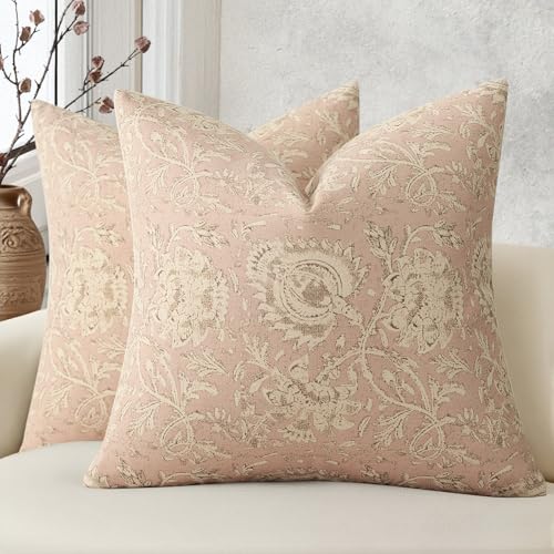 Vintage Floral Print Throw Pillow Covers 20x20 Set of 2 Neutral Modern Farmhouse Pillowcases Accent Decorative Cushion Covers Boho Home Decor for Couch Sofa Chair Bed Living Room, Champagne Pink - color: Champagne Pink, size: 20" x 20" (Pack of 2)