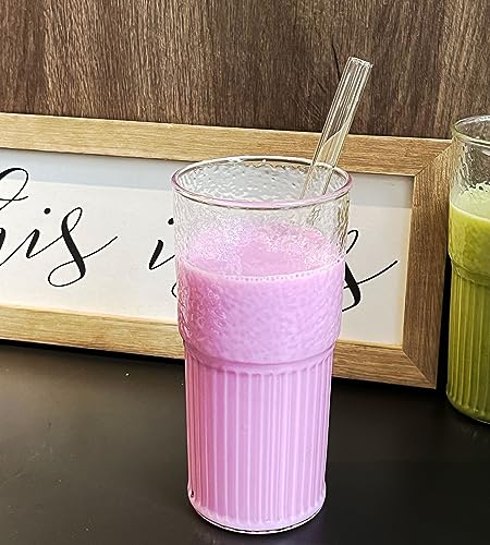 ANOTION 2Pcs 22 oz Iced Coffee Cups Drinking Glasses Iced Coffee Cup | Reusable Smoothie Cup Glass Tumbler Water Glasses Ribbed Glassware - color: Pink Lids