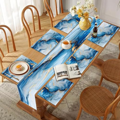 Mcalk Blue Marble Table Runner and Placemats Set of 6, Marble Print Placemats, Modern Cloth Place Mats Indoor for Kitchen,Washable Linen Material for Dining Table - color: 02blue