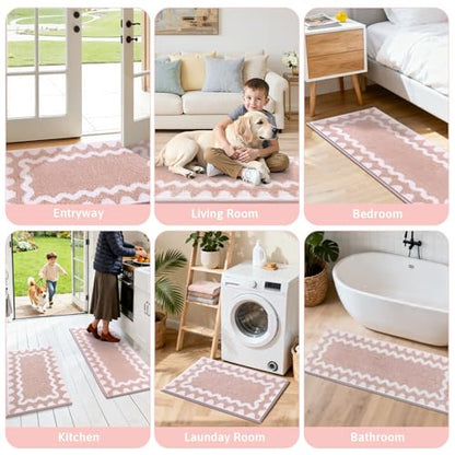 Findosom Bathroom Rugs Sets 5 Piece, Absorbent Soft Non-Slip Bath Rug Set | Washable Microfiber Shaggy Bath Mat Set with Bathroom Runner Rug, U-Shaped Toilet Rugs, Shower Rug & Toilet Lid Cover, Pink - color: Pink & White, size: 18"x26"+20"x32"+20"x48"+U