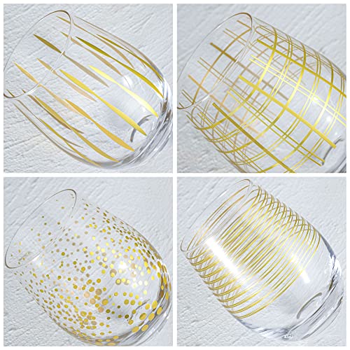Joeyan Hand Blown Stemless Wine Glasses with Gold Dots Swirls Grids Strips Pattern for Red White Wine,Large Drinking Glass Cups,Wine Glass Tumblers for Wedding Party Home,Set of 4,17.5 oz - color: Gold Dots Swirls Strips Grids Patterned