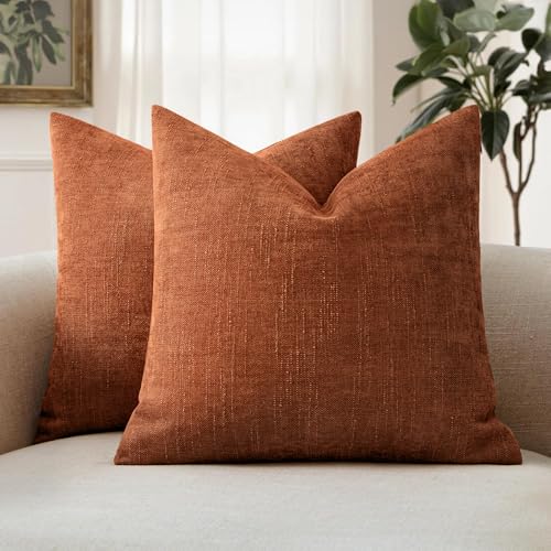 MIULEE Textured Chenille Fall Throw Pillow Covers 18x18 Inch Burnt Orange | Pack of 2 Decorative Soft Throw Pillows, Solid Textured Cushion Covers, Modern Home Decor for Couch Sofa Bedroom Living Room - color: Burnt Orange, size: 18" x 18" (Pack of 2)