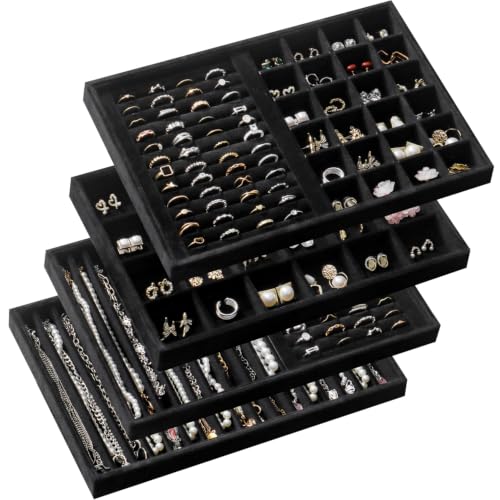 Large Velvet Jewelry Drawer Organizer Trays Set of 4 | Stackable Jewelry Trays Organizer Display Storage Showcase for Earring Necklace Bracelet Ring (Black, R1+R2+16+24 Grids) - color: Black, size: R1+R2+16+24 Grids