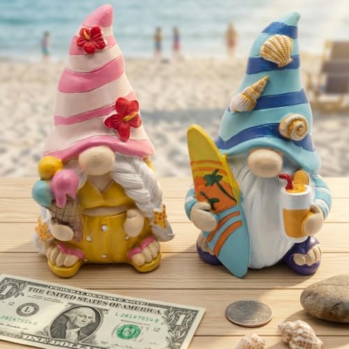 Cute 2 PCS Gnomes Statues Decor, Resin Figurines and Sculpture Décor, for Indoor Outdoor Yard Lawn Garden Home Patio Farmhouse Kitchen Table Decoration(Icecream and Surfing) - style: Surfboard-and-Ice-Cream-Holding