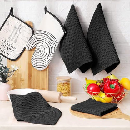 100% Cotton Waffle Weave Kitchen Dish Cloths, 6 Pack Ultra Soft Absorbent, Quick Drying Dish Towels, 12x12 Inches, Dish Rags for Drying Dishes & Daily Kitchen Use, Black - color: Black