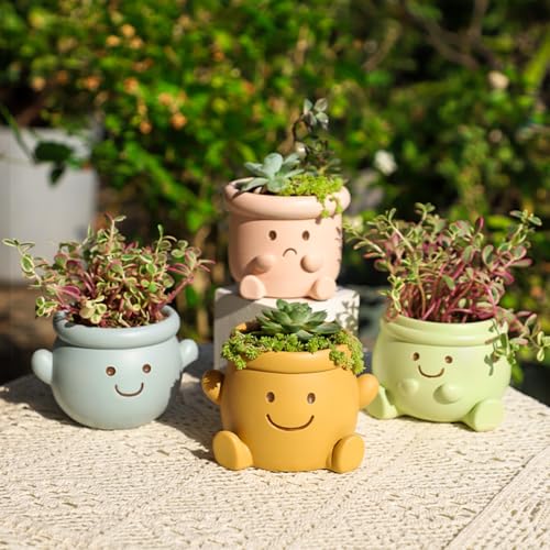 Cute Face Planter Pot, Small Resin Head Planters for Indoor Plants, Funny Smiling Face Flower Pot Succulent Planter with Drainage Hole, Gift IdeaI for Birthday Christmas (Green) - color: Green