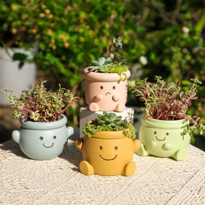 Cute Face Planter Pot, Small Resin Head Planters for Indoor Plants, Funny Smiling Face Flower Pot Succulent Planter with Drainage Hole, Gift IdeaI for Birthday Christmas (Green) - color: Green