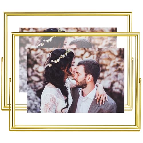 4x6 Floating Picture Frames Set of 2, Made of Metal and Double Real Glass, for Photo Size up to 6x8, Tabletop Display Home or Wedding Decoration (Horizontal Gold) - color: Gold (Horizontal), size: 6x8 for 4x6 (2 Pcs)