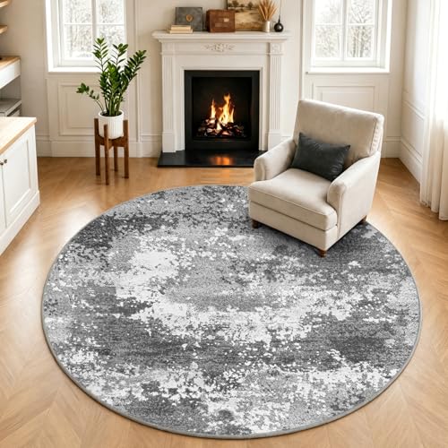 Washable 5 FT Round Rug Grey Circle Area Rugs for Entryway Kitchen | Non Slip Soft Low Pile Stain Resistant, Boho Circular Carpet for Living Room Bedroom Dorm Dining Room Table, Abstract Gray - color: Grey, size: 5' (Round)