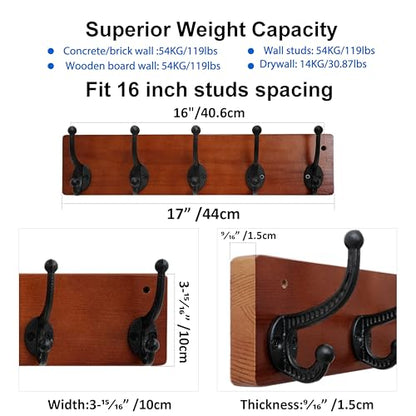 WEBI Rustic Coat Rack Wall Mount,5 Cast Iron Coat Hooks Wall Mounted,Heavy Duty Wood Wall Coat Hanger Hooks for Hanging Coats,Jacket,Clothes,Backpack,Farmhouse,Cherry - color: Cherry, size: 17 Inch