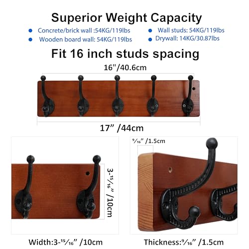 WEBI Rustic Coat Rack Wall Mount,5 Cast Iron Coat Hooks Wall Mounted,Heavy Duty Wood Wall Coat Hanger Hooks for Hanging Coats,Jacket,Clothes,Backpack,Farmhouse,Cherry,2 Packs - color: Cherry, size: 17 Inch(2 Packs)
