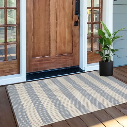 Outdoor Porch Rug Front Door Mat 24'x51, Front Door Rug Patio Decor | Washable Checkered Entry Rug Striped Area Rug Cotton Woven Kitchen Carpet Small Area Rug for Entryway Patio Bedroom Bathroom - color: Muted Blue/Tan/White, size: 2' x 4'3" (Rectangular)