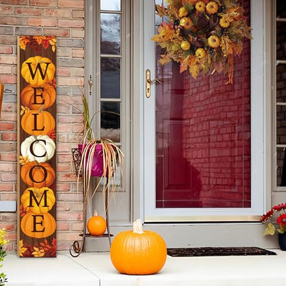 47" Fall Wooden Porch Sign Vertical Fall Welcome Standing Signs Pumpkin Leaves Standing Welcome Porch Sign for Outdoor Autumn Thanksgiving Harvest Home Garden Yard Farmhouse Front Door Decor