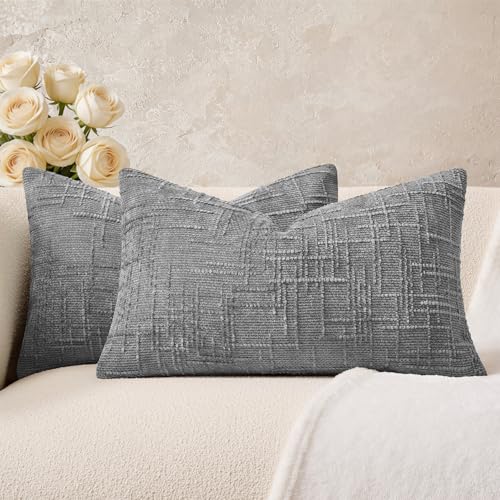 Throw Pillow Covers Pack of 2 12x20 Inch Textured Lumbar Pillow Covers, Soft Chenille Grey Decorative Neutral Covers for Couch Sofa Bed Livingroom, Farmhouse Home Boho Decor - color: Grey, size: 20" x 12" (Pack of 2)