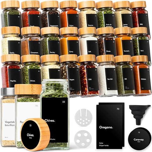 KIVY Spice Jars with Labels [24x 4oz] Glass Seasoning Containers with Airtight Lids for Organization - Empty Square Bottles for Spices & Seasonings with Shaker Lids - Spice Containers Wood Bamboo - size: Bamboo Black