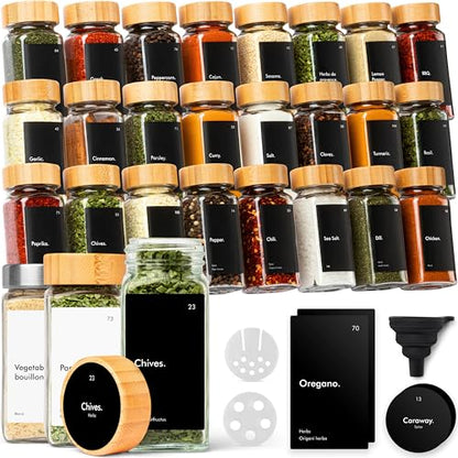 KIVY Spice Jars with Labels [24x 4oz] Glass Seasoning Containers with Airtight Lids for Organization - Empty Square Bottles for Spices & Seasonings with Shaker Lids - Spice Containers Wood Bamboo - size: Bamboo Black