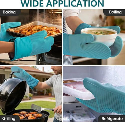 YUTAT Silicone Oven Mitts,High Heat Resistant Up to 500 Degrees,Waterproof Cooking Gloves with Soft Polyester Filling,Kitchen Potholder Set - Perfect for BBQ, Baking and Cooking,Green,2 Pcs Set - color: Green-striped Surface, size: 13“L x 7"W-2 Piece
