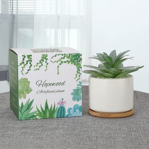Hopewood Faux Agave Succulent Plant in White Ceramic Pots with Bamboo Tray | Artificial Succulents Plant Faux Agave Greenery Fake Potted Plant for Bedroom Home Office Desk Living Room Decor - size: Agave 1 piece