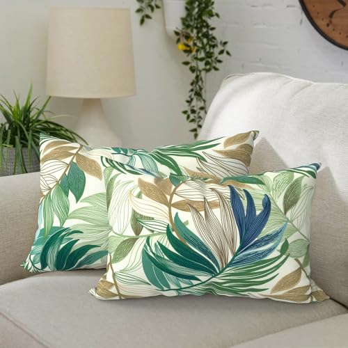 DYTXIII Pack of 2 Waterproof Outdoor Lumbar Pillow with Inserts, 12x20 in Rectangle Decorative Patio Throw Pillow for Home, Sofa,Bench and Patio Furniture, Lush Leaf Green - color: Lush Leaf Green, size: 12x20 Inch (With Inserts)