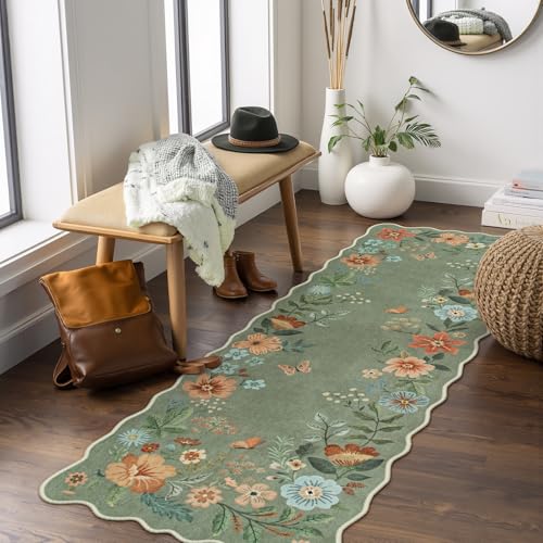 Lahome Floral Washable Runners for Hallways, 2x5 Kitchen Runner Non-Slip | Scalloped Ultra-Thin Non-Slip Soft Hallway Rug Boho Carpet for Laundry Bathroom Bedroom Flore (2x5ft, Green) - color: Green, size: 2' x 5'(Runner)