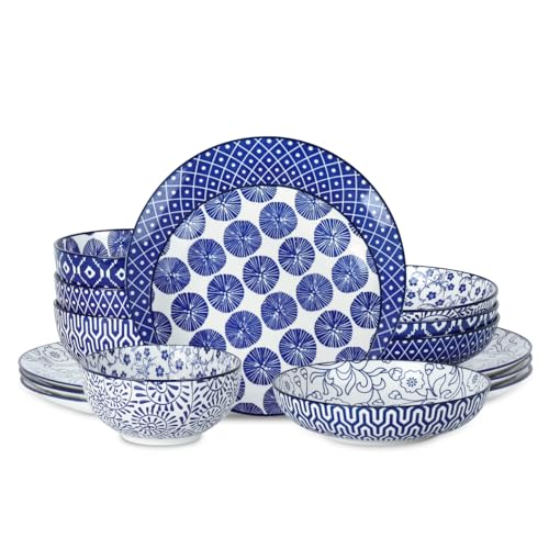 Selamica Ceramic Dinnerware Sets, 16 Pieces Dishes Set for 4, Kitchen Plates and Bowls Sets, Dishwasher & Microwave Safe, Vintage Blue - color: Vintage Blue, size: 16 Pieces
