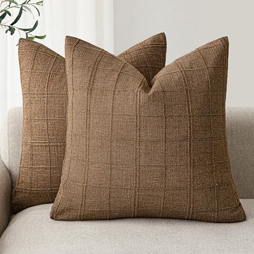 Foindtower Set of 2 Decorative Linen Check Throw Pillow Covers Neutral Farmhouse Vintage Cushion Covers Modern Boho Home Decor for Sofa Chair Couch Bedroom Living Room,16×16 Inch,Brown Hazel - color: Brown Sugar, size: 16" x 16" (Pack of 2)
