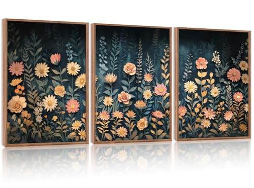HPNIUB Modern Dark Wildflower Framed Canvas Wall Art Set,Minimalist Nature Jungle Botanical Landscape Wall Decor, (12x16 Inch) Farmhouse Painting for Living Room, Bedroom, Office - color: Botanical Landscape Wall Art