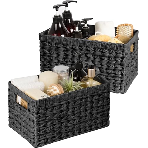 GRANNY SAYS Black Wicker Basket,Decorative Woven Baskets for Storage,2-Pack | Waterproof Plastic Black Baskets for Shelves,Storage Basket Organizer,Wicker Storage Basket for Organizing,Black Woven Basket - color: Black, size: 13"L x 8¼"W x 7"H