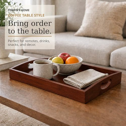 Comfify Dark Brown Bamboo Serving Trays Set of 3 – Nesting Ottoman Trays | Dark-stained bamboo with walnut tones; cutout handles; for coffee table, bar and bedroom dresser; S: 12", M: 14.5", L: 16.25" - color: Dark Brown