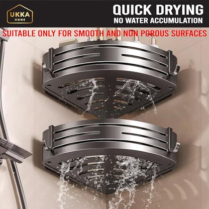 Suction Cup Corner Shower Caddy with Hooks and Towel Bar for Bathroom. Aluminum, Reusable, Rustproof, No Drill, No Tools, No Glue. Multifunctional, Hang Towel, Loofah, Sponge (2 Pack, Gray)