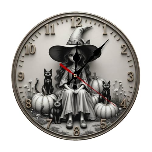 Wall Clock, Gothic Witch & Black Cats Non Ticking Wall Clocks Battery Operated, Grey Wooden Wall Clocks for Living Room, Bedroom, Office Decorative 10 Inch - color: Style-2