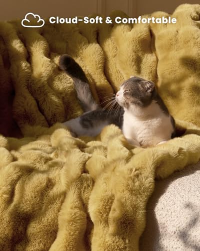 Ultra Soft Cozy Faux Fur Throw Blanket, Fuzzy Plush Thick Bubble Blanket, Oversize Luxury Fluffy Blanket for Couch, Bed, and Living Room, 60x80 Inches, Dark Yellow - color: Bubble Dark Yellow, size: Twin