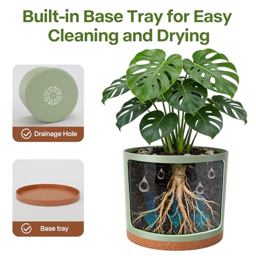 3 Pack Cylinder Planter Set 10/9/8 Inch White Indoor Plant Pots | Modern flower pots with drainage holes and saucers. For outdoor garden, succulent, nursery, and house plants. - color: Green-brown